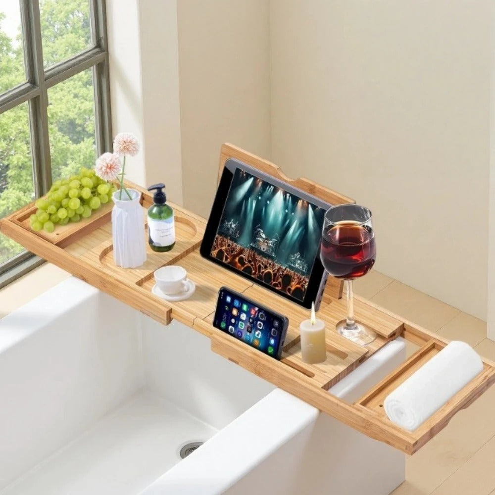 Extendable Bamboo Bath Caddy Tray — Spa Night Essential Extendable Bamboo Bath Caddy Tray — Spa Night Essential