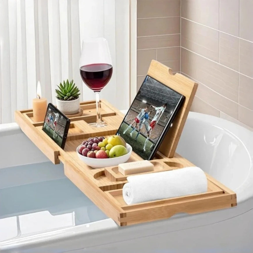 Extendable Bamboo Bath Caddy Tray — Spa Night Essential